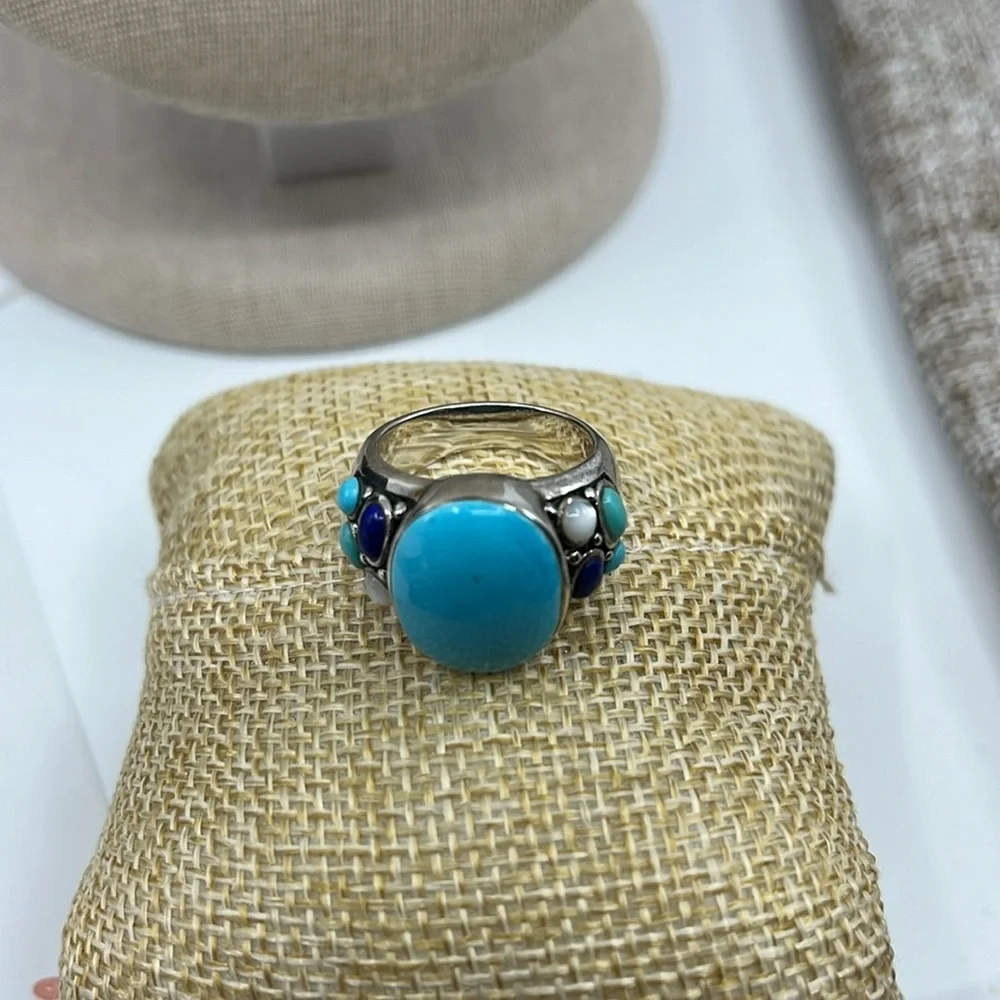 💠Vintage Southwest Style Sterling Silver Ring with Turquoise Gemstone Size 7